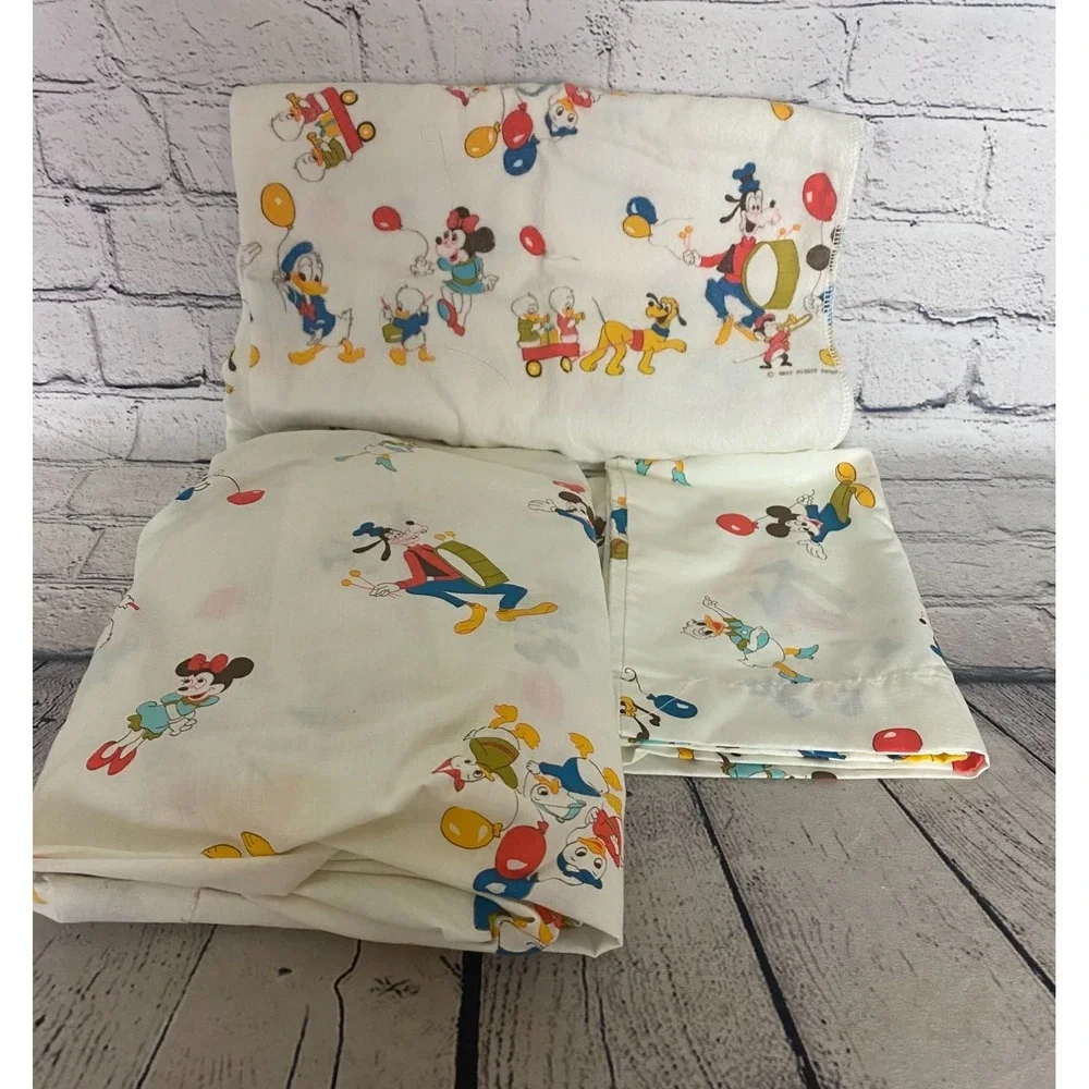 Vintage Disney Crib Set Receiving Blanket Fitted Sheet Pillow Case Mickey Minnie